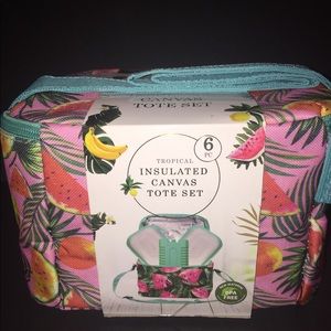 6pc Tropical insulated Canvas Tote Lunch Bag Set